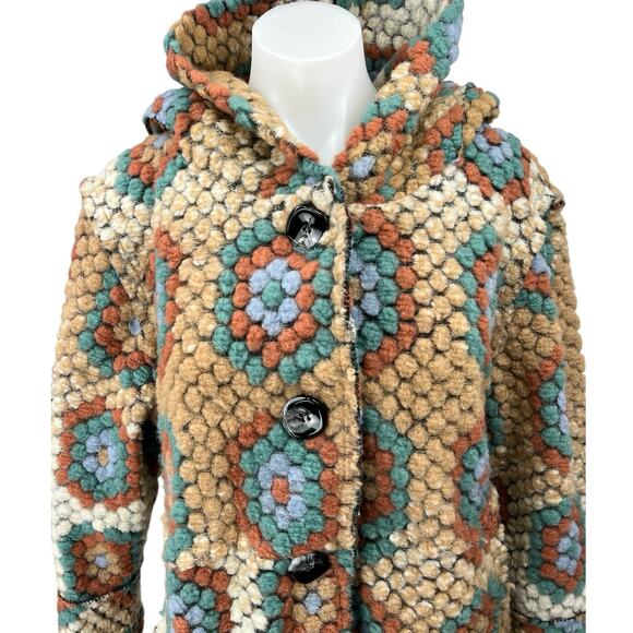 Italian Women's Granny Square Multicolor Floral Hooded Button Coat Jacket Sz S - Picture 3 of 6